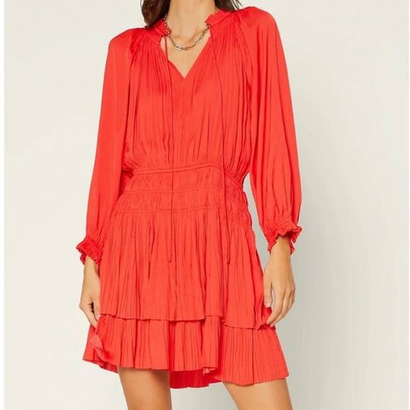 NEW Anthropologie Current Air Cecile Smocked Mini Dress Poppy Red Size Small - Picture 2 of 12